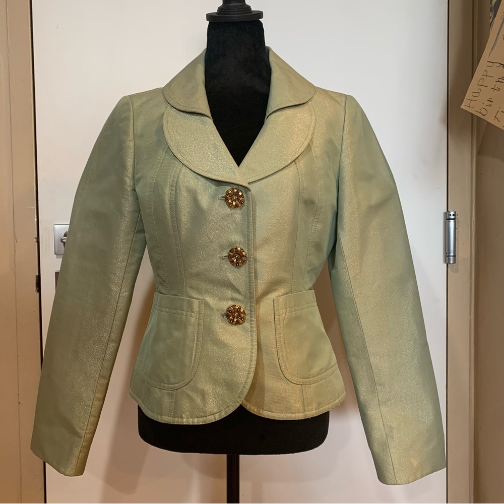 Kay Unger Metallic w Jewel Button 6 Lined Blazer w Double Collar & Front Pockets